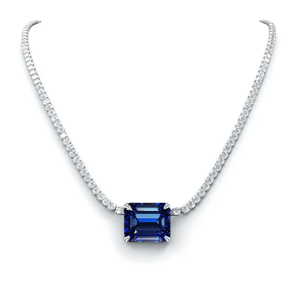 

New 2mm tennis chain S925 silver inlaid with 10x12mm sapphire tennis necklace cross-border haute couture jewelry