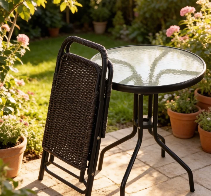 

3 Piece Patio Bistro Set Folding Chairs Round Glass Table Wicker Rattan Style for Porch Garden Yard