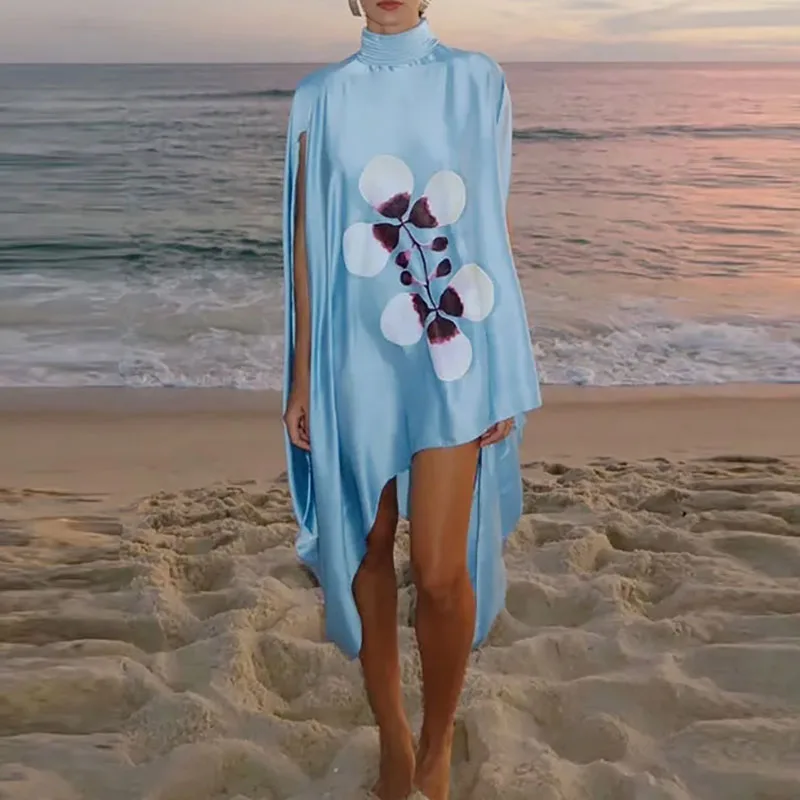 2026 Chic Batwing Sleeves Loose Mini Dress  Elegant Printed Irregular Satin Short Dress Fashion Turtleneck Formal Occasion Dress