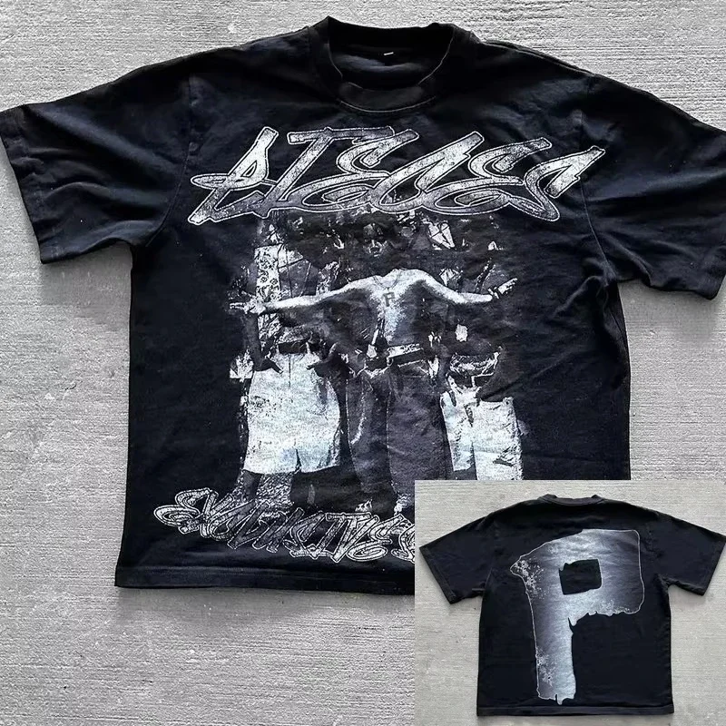 تي شيرت هيب هوب أمريكي عتيق مطبوع عليه حروف كبيرة الحجم Y2K ملابس الشارع الشهير برقبة دائرية فضفاض غير رسمي Harajuku موضة الشارع القوطي تي شيرت #2