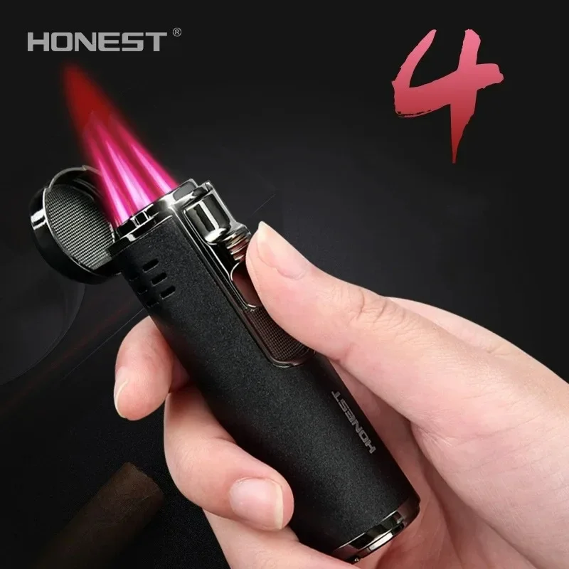 HONEST 4 Torch Jet Metal Windproof Lighter Spray Gun Turbo Gas Butane Cigar Cigarettes Lighters with Cutter Smoking Accessories