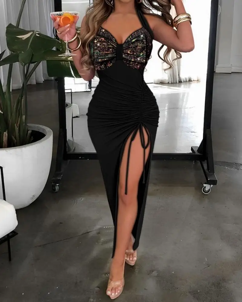 Elegant Party Dresses Woman Sexy Halter Neck Tie V-Neck Bow Sequin High Slit Side Drawstring Tight Black Dress Sexy Midi Dresses