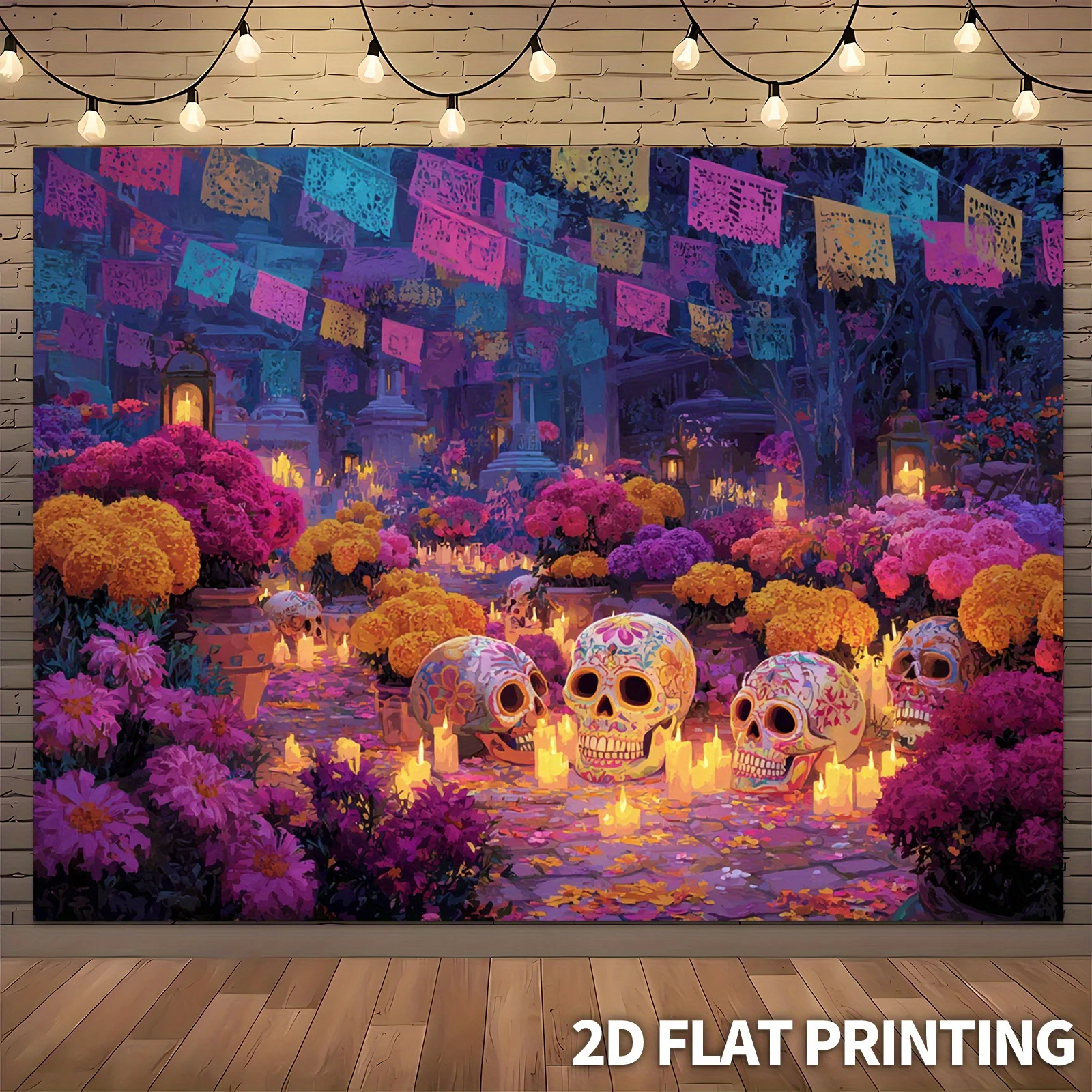 Banner plano 2D decorado con adornos de carnaval mexicano, complementado con esqueletos de azúcar y flores moradas, rosas y naranjas