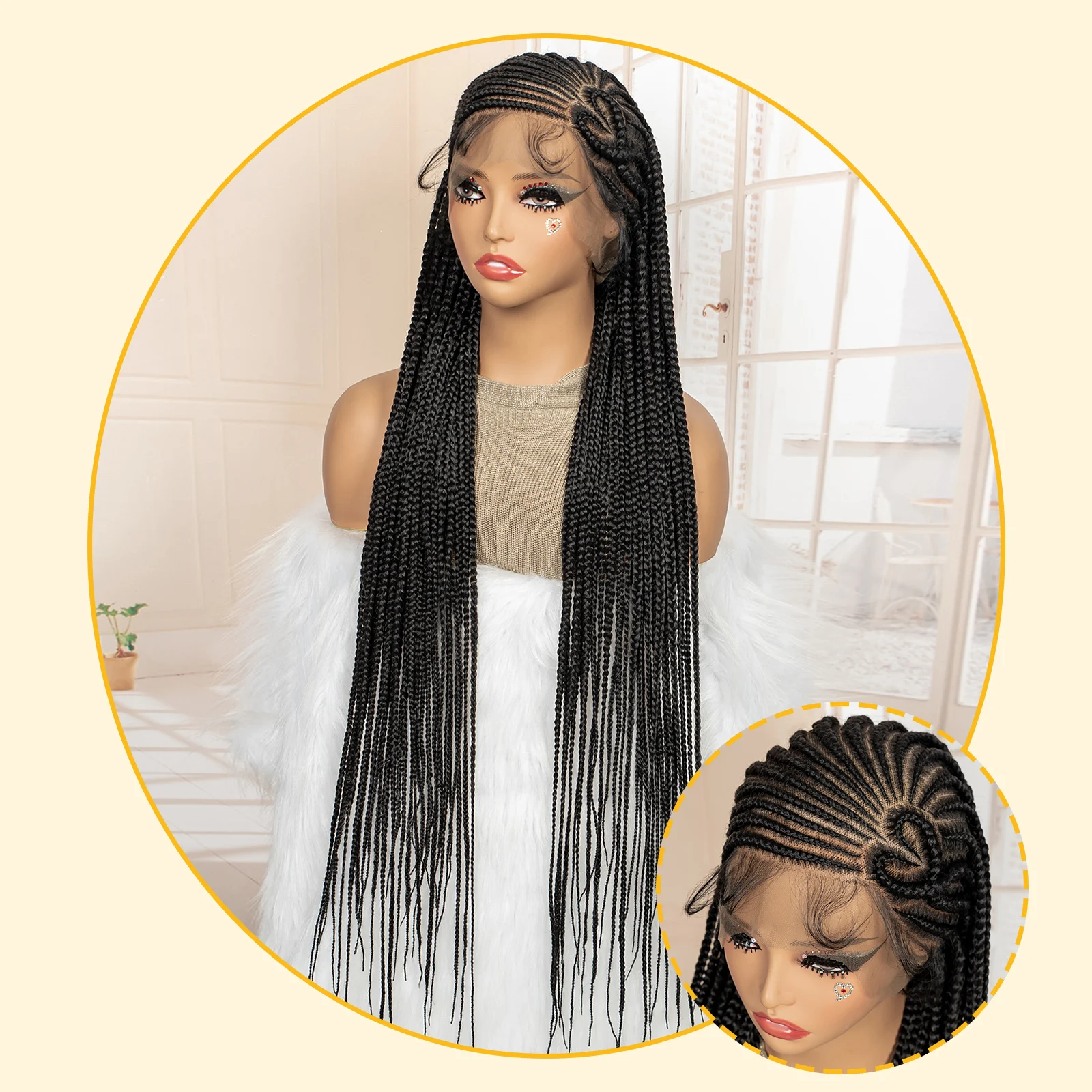 36inch Synthetic Full Lace Cornrow Braids Wigs Full Handmde Knotless Box Braided Wigs African Braids Hair Wigs for Black Women