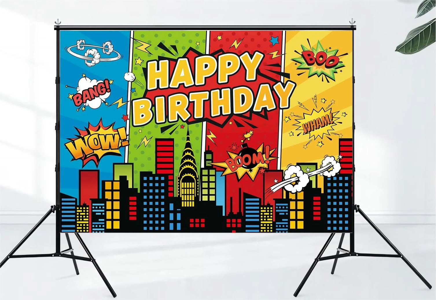 Superhero Theme Background Children's Boy Superhero Comic Skyline Happy Birthday Hero City Decoration Photography Background