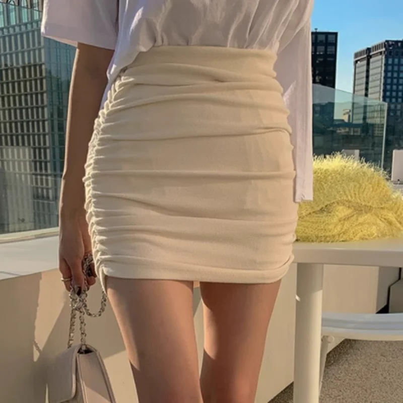 

Pure Sexy Mini Skirt Women Spring Summer High Waist Solid Folds Skirts Korean Temperament Slim Fit Versatile Faldas