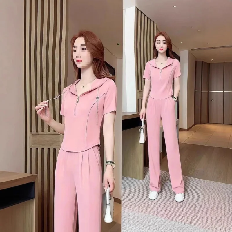 

2025Summer Thin Casual Sports Suit for Women New Fashionable Stylish Slimming Ice Silk Wide-Leg Pants Two-Piece Set