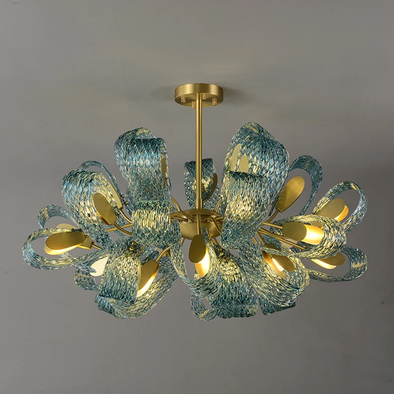

LED modern blue frosted glass chandelier for living room, dining room, light luxury whole house home decoration, customisable