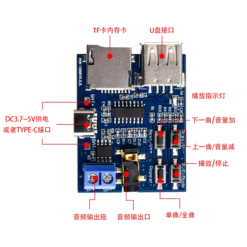 DC 3.7-5.5V MP3 Decoding Board Audio Amplifier Board With Red LED Indicator Flashing Supports MP3 USB TF Micro USB/Type-C