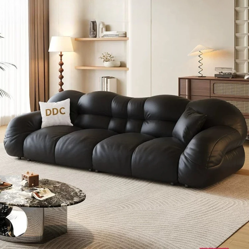 x*-Minimalist Low Profile Cloud Real Leather Sofa Full Grain Black Cowhide Straight Sectional with Wrap-Around Wide Armrest