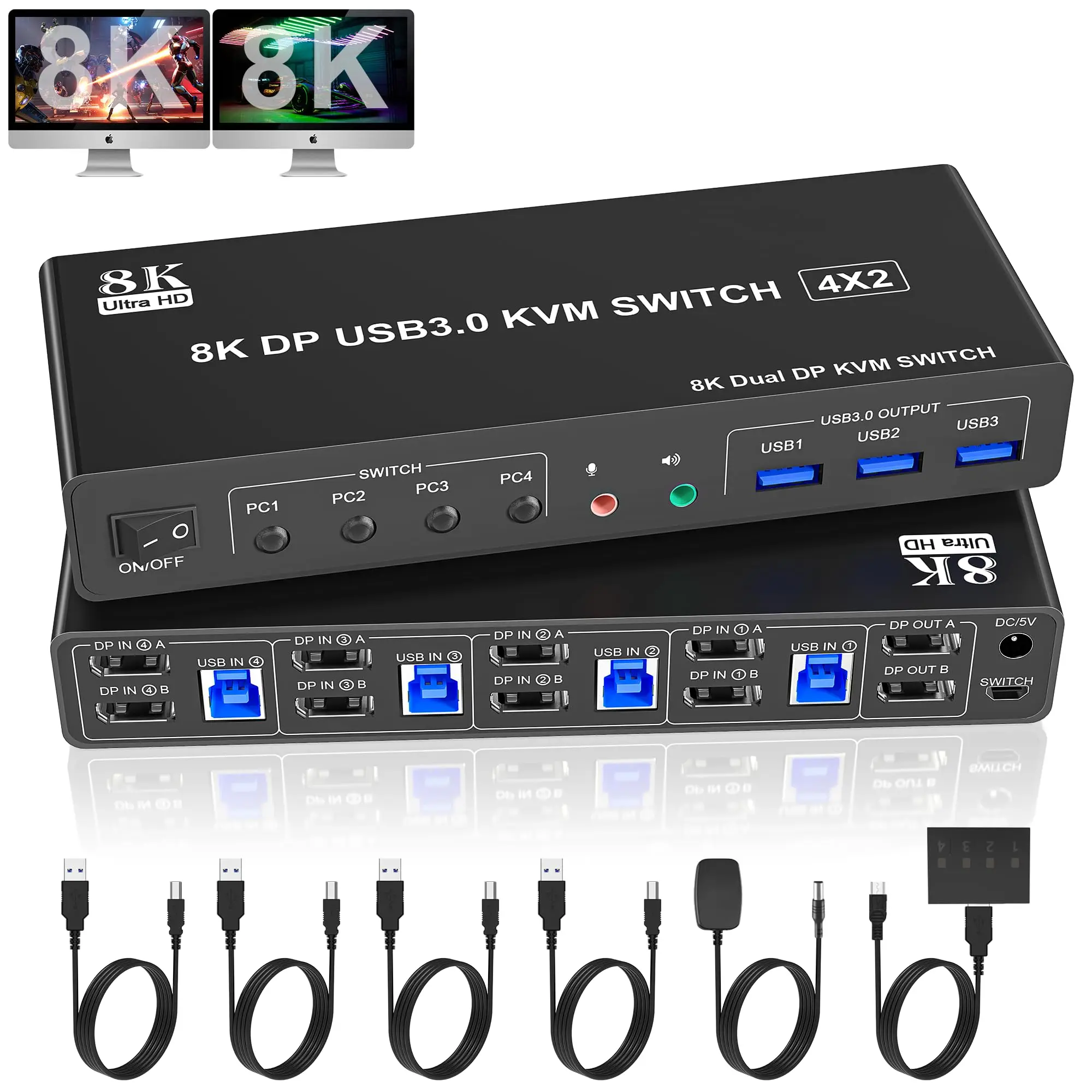 8K Displayport USB3.0 KVM Switch 2 Monitor for 4 Computer, 8K@60Hz DP1.4 KVM Switch 4 Port with Audio Microphone Output