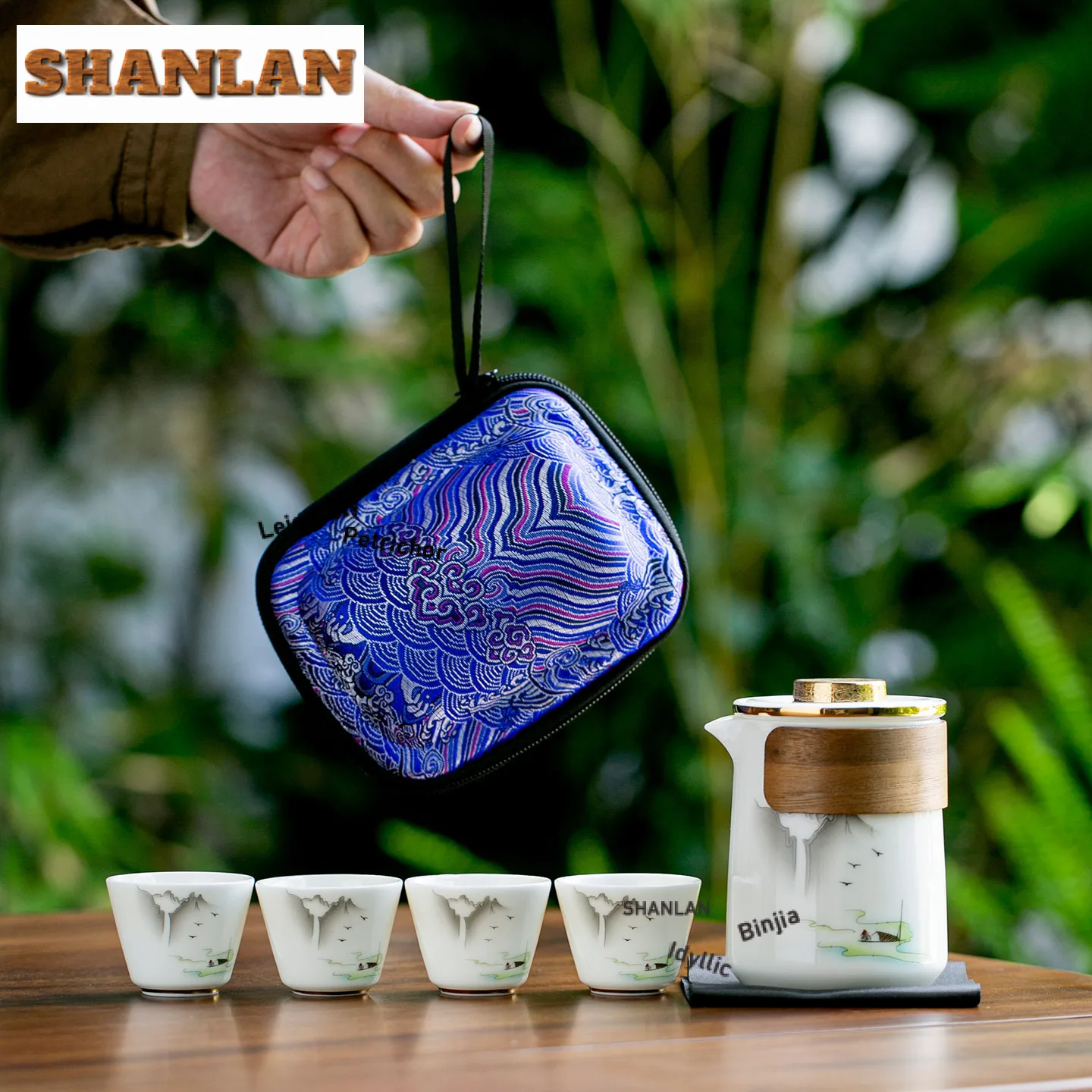 

Mutton Fat Jade Porcelain Landscape Travel Tea Set Kit Vintage 1 Pot 4 Cups Tea Brewing Organizer Portable Camping Handbag Gift