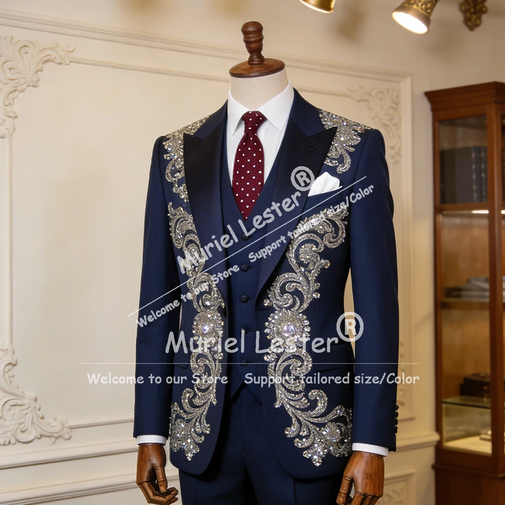 

Brilliant Navy Suit Men For Wedding Crystals Beaded Jacket Vest Pants 3 Piece Sets Groom Tuxedo Attire Foral Wear Ropa Hombre