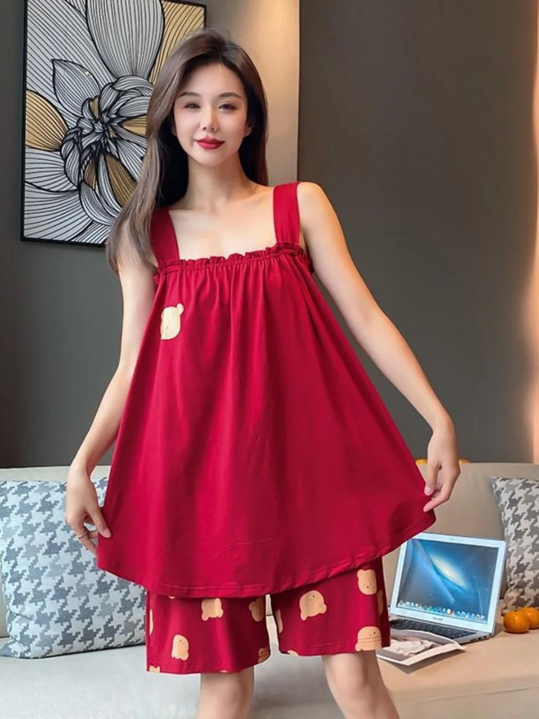 

Summer plus Size Women's Cartoon Print Sleeveless Tank Top Short Pants Home Clothes Sleepwear Two-Piece Set Casual Wear