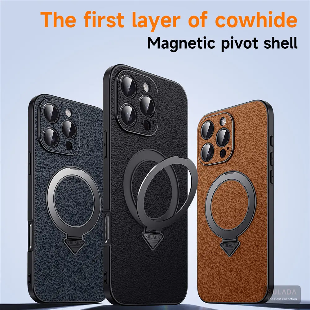 Genuine Cowhide Leather Magsafe Case For iPhone 16 Pro Max 16 15 Magnetic Ring Bracket Back Cover