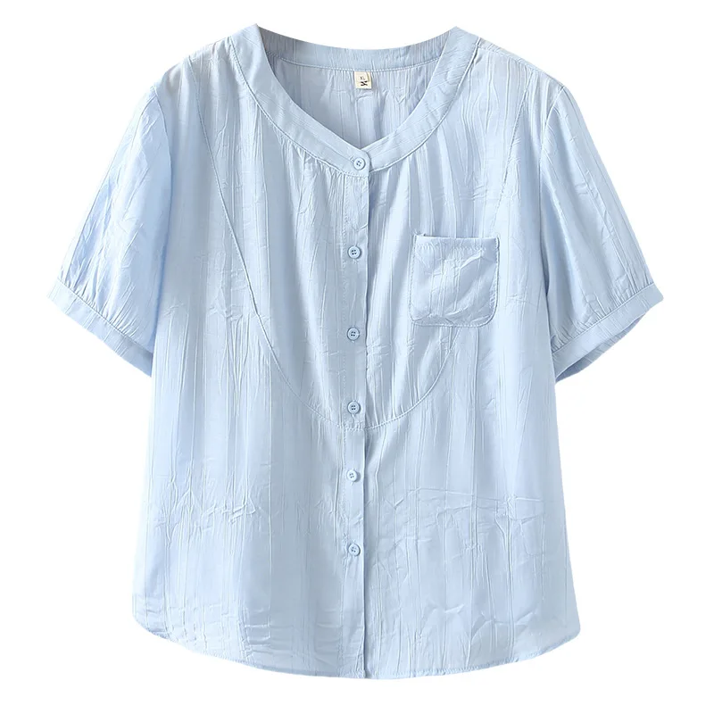 100kg 여름 블라우스 새로운 스타일 얇은 포켓 반팔 셔츠 플러스 사이즈 여성 캐주얼상의 2512