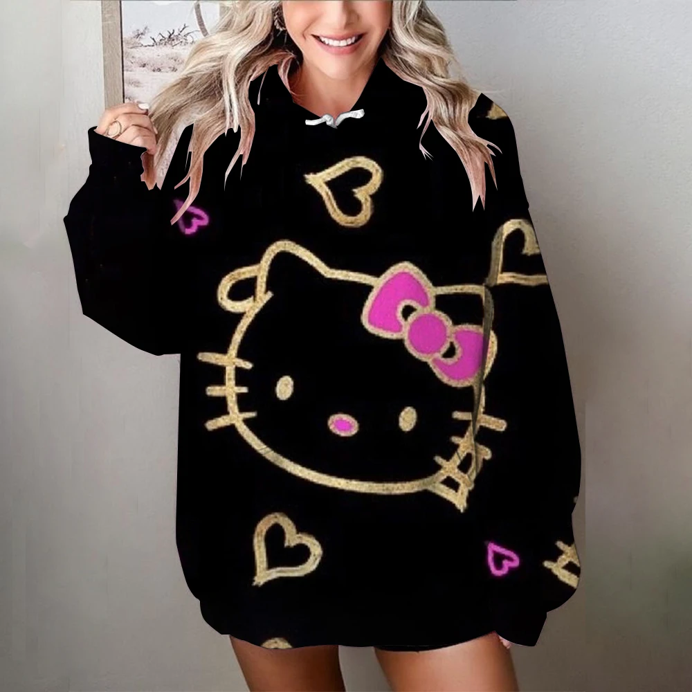 Women Y2K Hoodies Harajuku Hello Kitty Print Loose Sweatshirt Trousers Hip Hop Punk Long Sleeve Pocket Sweatpant Streetwear Tops