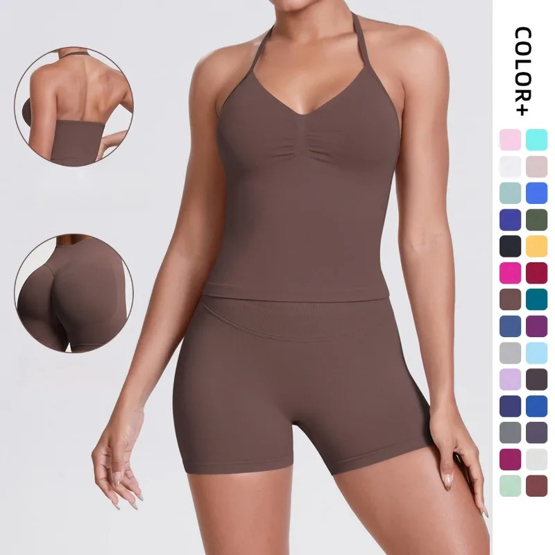 

Женский комплект для йоги, бесшовный вязаный однотонный жилет на спине, шорты, плотный комплект из двух предметов для бега и фитнеса