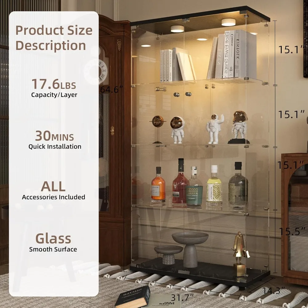 4-Tier Glass Display Cabinet with 13-Color LED Lights, Curio Cabinet for Home Decor and Collectibles