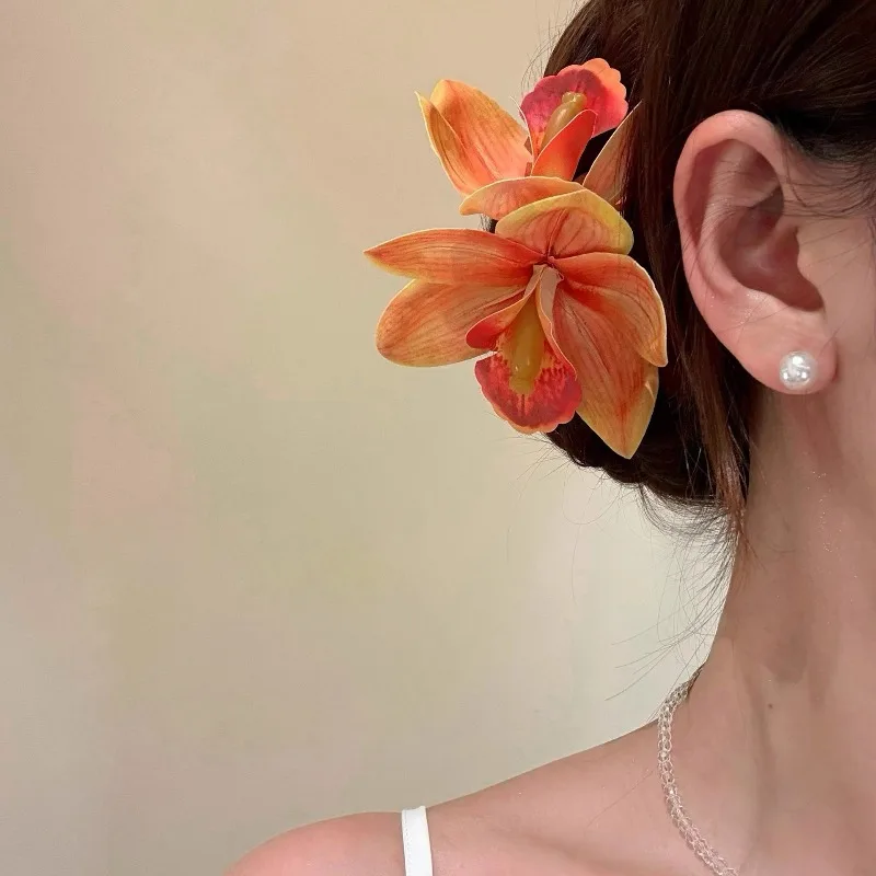 

Cymbidium Orchid Side Hair Clip Women’s Bohemian Beach Vacation Floral Hair Accessories