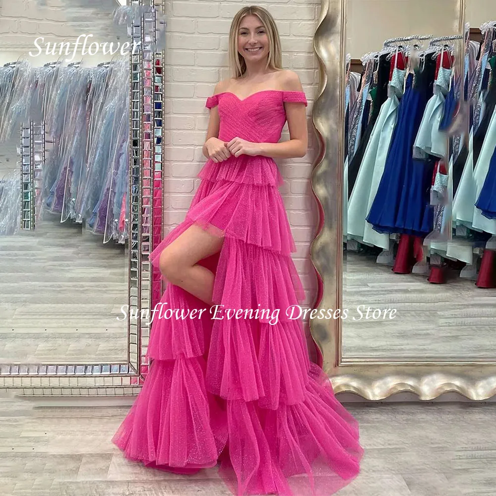 

Sunflower Off the Shoulder Prom Gown A-LINE Evening Dress Slim Tiered Tulle Party Dress 2023 Backless Floor-Length Prom Dress