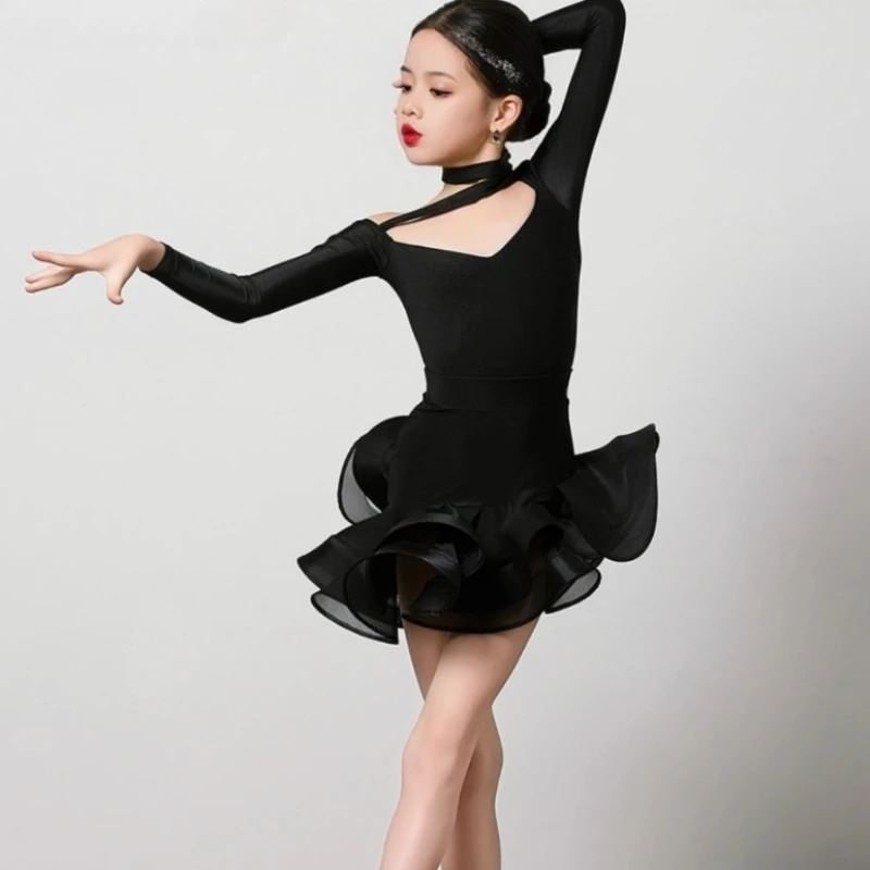 

Черное сексуальное профессиональное детское платье для латинских танцев, одежда для бальных танцев для девочек, костюм для латинских танцев, ча-ча-румба, платья для танцев танго