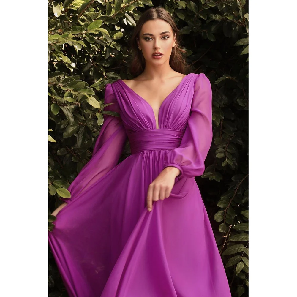 Lightweight Soft Chiffon Long Sleeves Evening Dress New Fashion Female Floor Length Party Prom Gowns