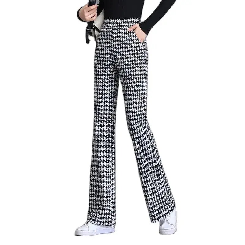 Black White Lattice Trumpet Pant Women's Autumn Winter 2022 New High Waist Woolen Micro Trousers Straight Leisure Trousers