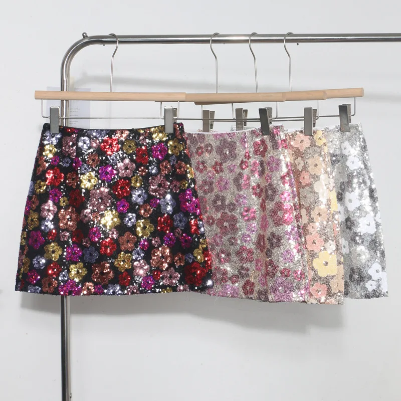 

Autumn New Sexy Sequined Flower A-shaped Skirt for Women High Waist Hip-wrapped Anti-light Mini Skirt