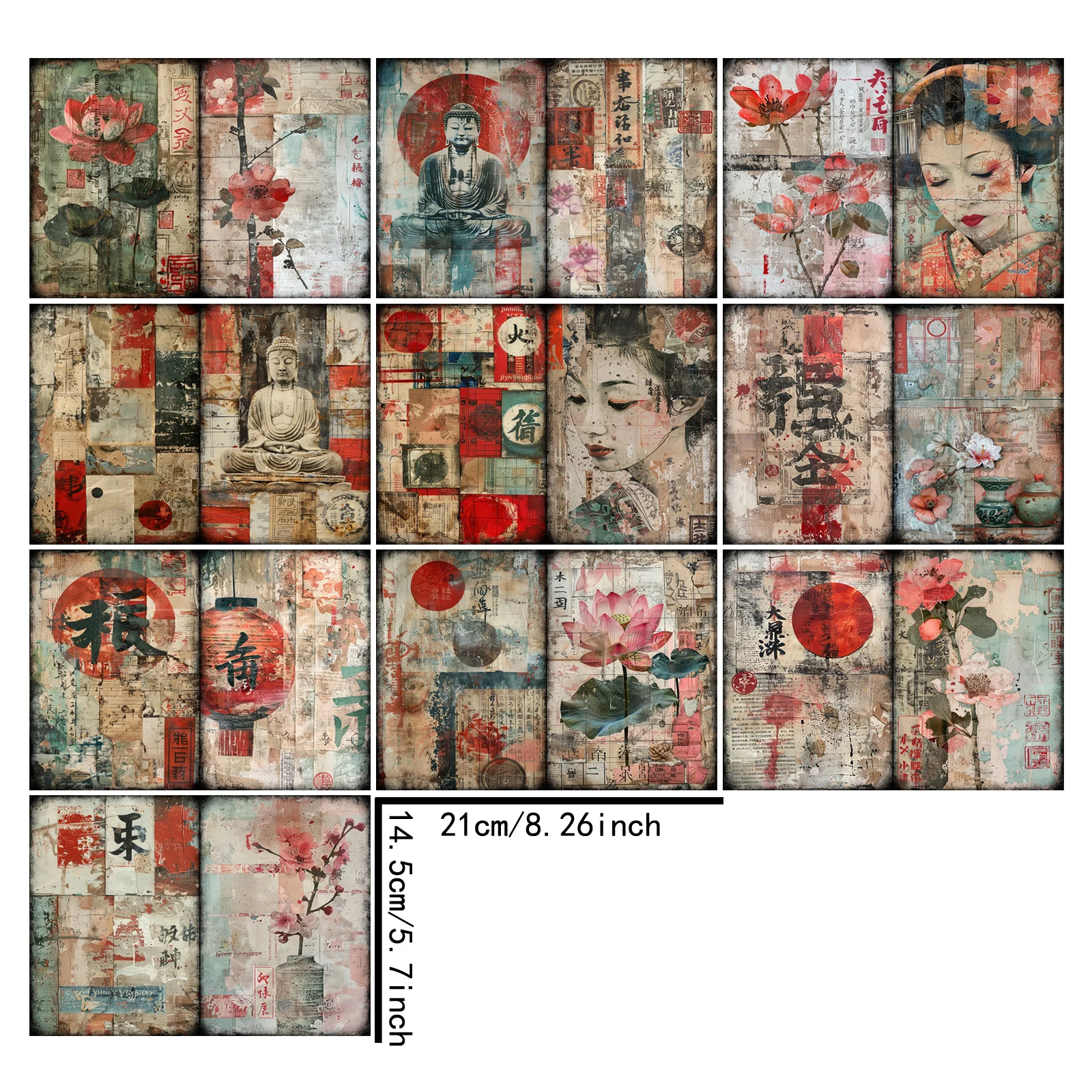 10 Sheets A5 Size Retro Distressed Japanese Geisha Buddha Statue Background Vintage Grunge Journal Planning Scrapbooking