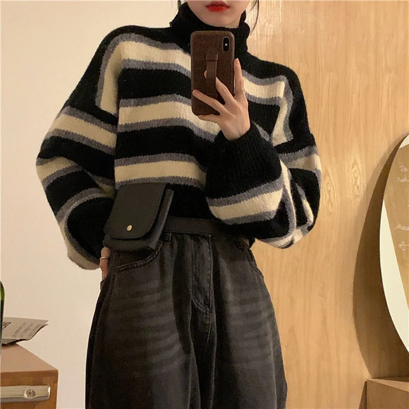 MEXZT Sweater Women Sexy Cropped Turtleneck Striped Pullovers Streetwear Korean Loose Long Sleeve Knitted Sweater Chic Lady Tops