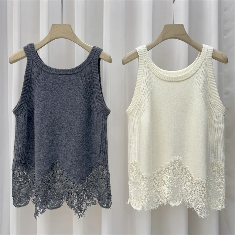 

Women's sweater 2025 Winter new elastic knitted slim fit sleeveless top Lace patchwork women's vest Wool blend tank top corset