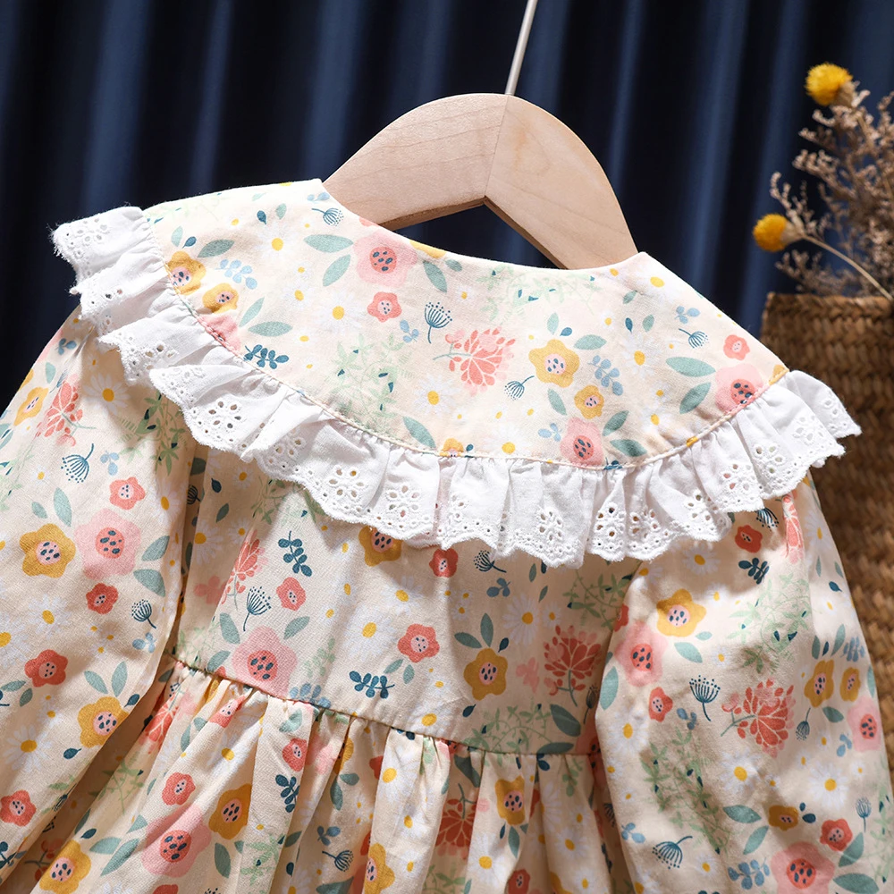 Spring Autumn Baby Girls Dress Sweet Doll Collar Floral Princess Dress Infant Kids Long Sleeve Outing Casual Dress Travel Wear