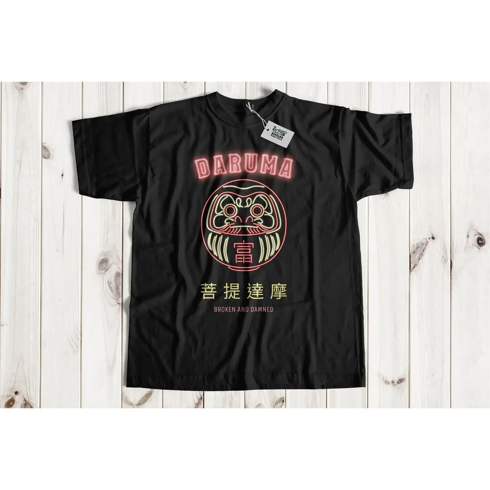 Neon Style Japanese Daruma T Shirt Zen Buddhism Lucky Traditional Doll  vintage Washed fashion homme Stylish designer clothes