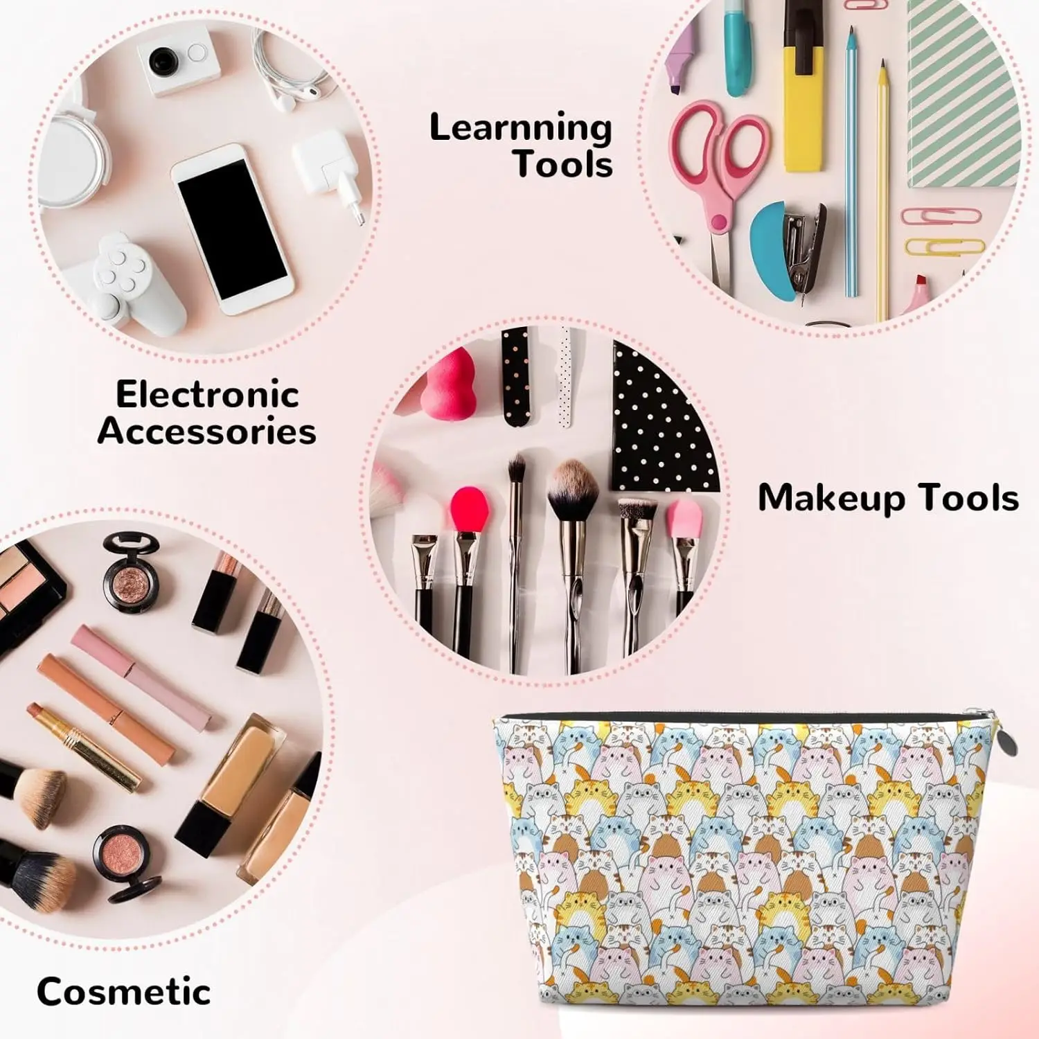 Tas Makeup kartun kucing warna-warni lucu wanita, tas perlengkapan mandi tahan air bahan kulit, tas kebutuhan perjalanan untuk sampo,