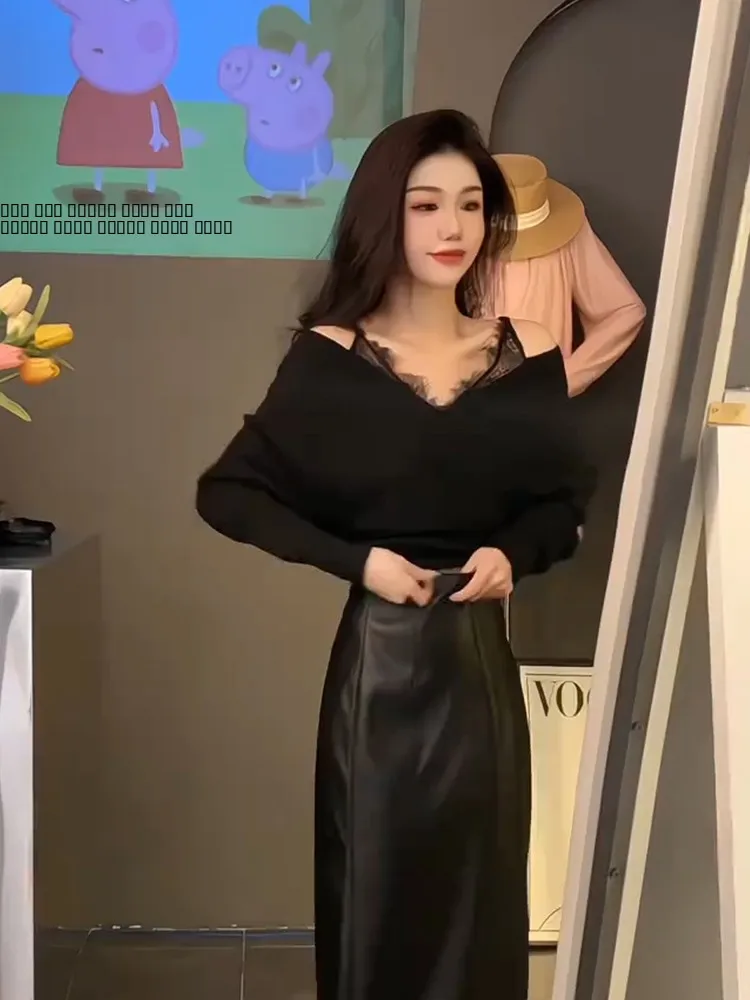 

Американский Sle Faionable Spicy Girl Вязаный свитер с кружевной отделкой и V-образным вырезом, женский осенне-зимний утягивающий свитер на одно плечо...