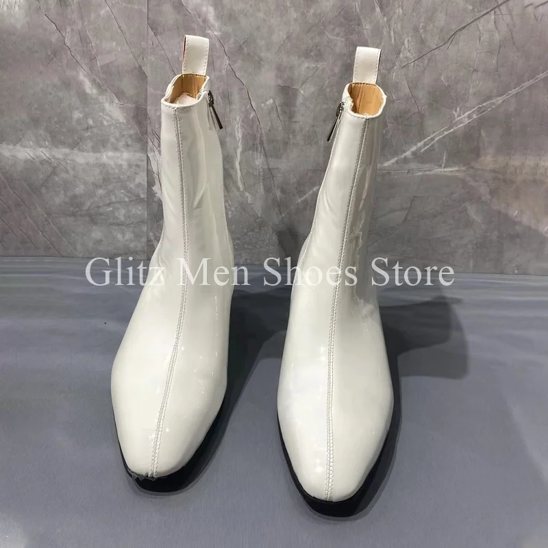 White Patent Leather Zipper Men\'s Boots Winter Ankle Boots Classical Casual British Style Handmade Office Shoes Men Boots