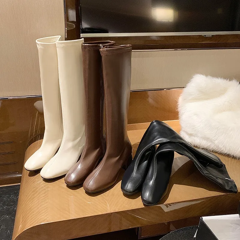 

British Style Knight Boots Women's Autumn Boots Slim Square Head High Heel Thick Heel High Tube Boots Straight Tube Bo...