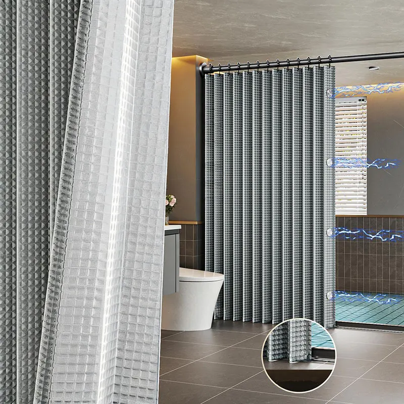 No Drill Magnetic Shower Curtain, Waffle Weave Textured Bathroom Screen, Invisible Magnet Closure Waterproof Heavy Duty Fabric C