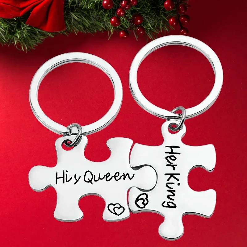 Hot Couple Puzzle Keychain Pendant  Valentine's Day Gift Key Chain Keyring Her King His Queen