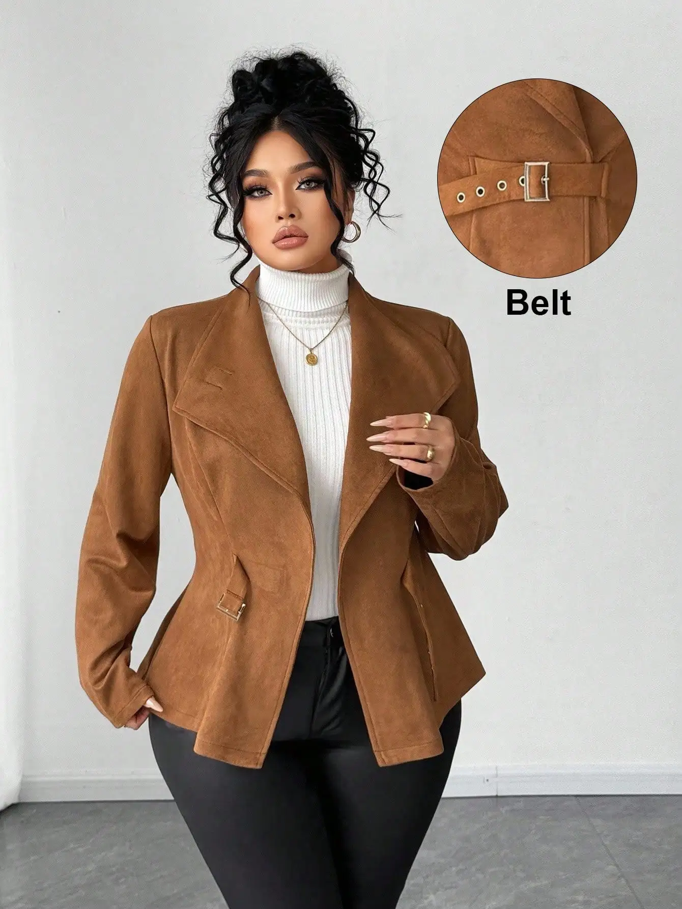 

Brown Faux Suede Belted Blazer Jacket for Women, Fall Winter Stylish Outerwear
