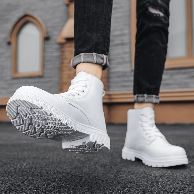 Men Leather Boots Men\'s Tooling Safety Shoes for White Casual Shoes British Style Platform Breathable Men Boots Outdoor Hiking