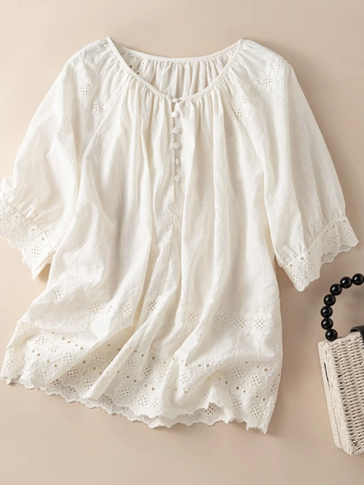 Sweet Doll irt レディース 夏用 ルーズ ファッション レーストリム ホロー刺繍 ラウンドネック オルト スヴェ ブラウス レトロ 通勤 スレ