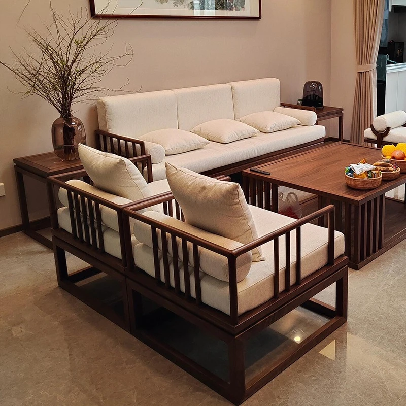 

New Chinese sofa simple solid wood modern zen black walnut sofa large apartment living room fabric