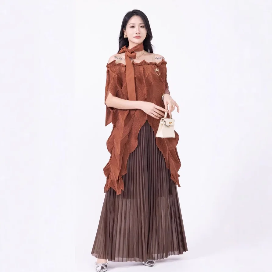 Miyake Fashion Pleated Set Summer New 2025 Temperament Top Elegant Chiffon Short Sleeve Pleated Miyake Two-piece Set