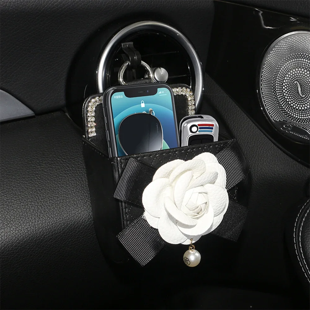 Camellia Diamond Crystal Pearl Car Storage Bag Air Vent Dashboard Tidy Hanging Organizer Glasses Phone Holder Car Accessories