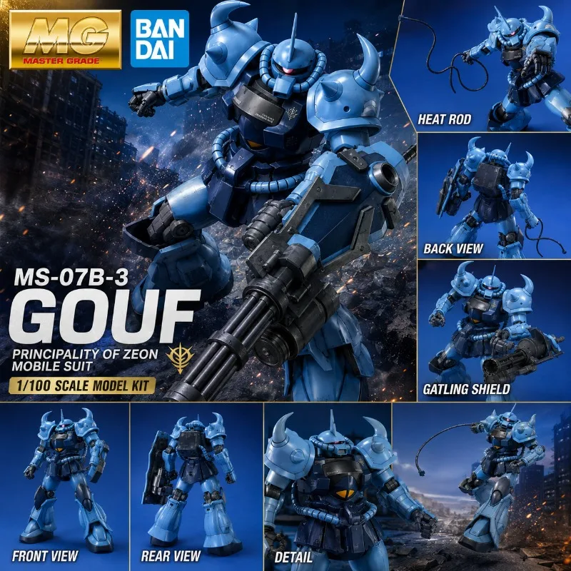 

Bandai MG 1/100 MS-07B-3 Gouf Custom Zeon Mobile Suit Gundam Gatling Shield Mecha Action Figure Model Kit