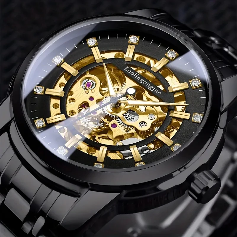

New Elegant Men's Automatic Mechanical Watch - Luxurious Business Gentleman Style, with Artificial Diamond Decoration, Hollow Design, High-Value Luxury Men's Fully Automatic Mechanical Watch, No Battery Needed - Perfect for Fashionable Casual Wear, the Be