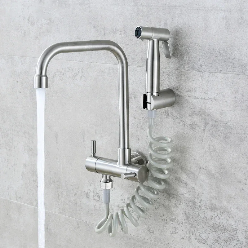 

Wall Mount Kitchen Faucet Stainless Steel Cold Water Tap Quick Open Balcony Laundry Pool Faucet With Bidet Sprayer Shower Nozzle