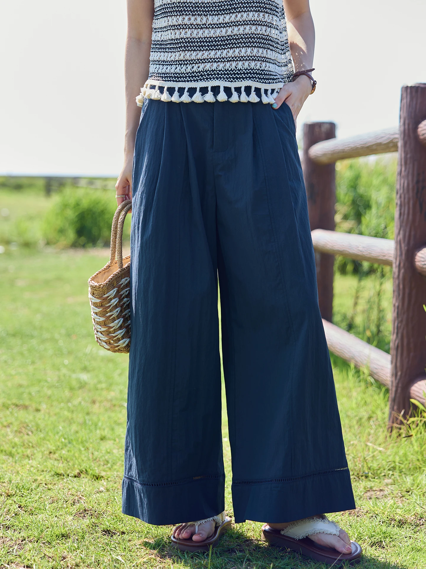 

Ретро-синие широкие брюки для женщин, повседневные, укороченные, с высокой талией, прямые, премиум-качества, модные